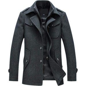 Men's Gentle Layered Collar Single Breasted Quilted Lined Wool Blend Pea Coats